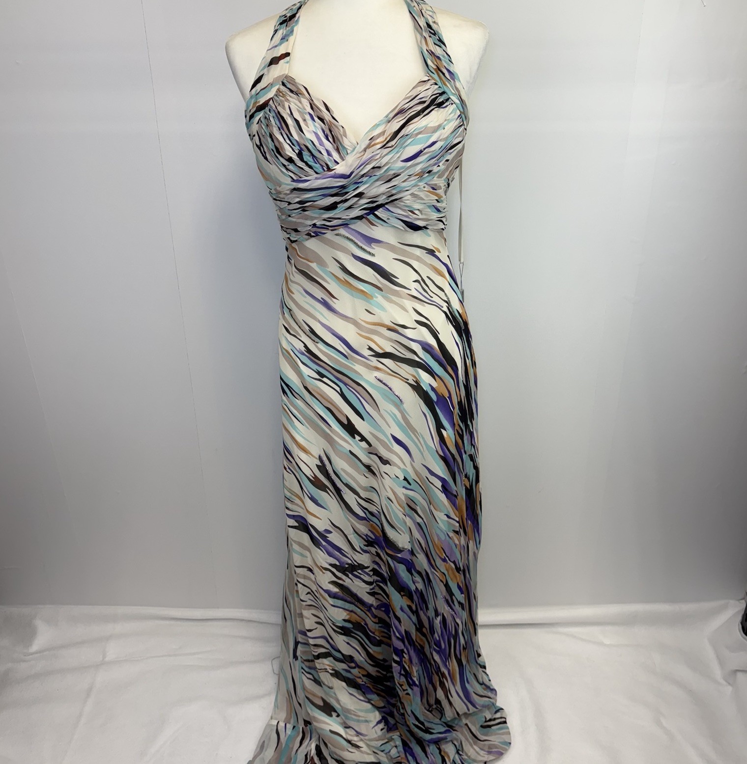 Nina Austin 100% Silk Dress Gown Deadstock Beaded Halter Maxi Prom Wedding XL