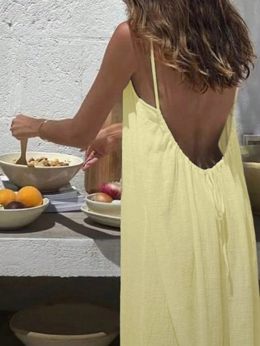 Spaghetti Strap Dress Side Pockets Backless Slit Hem Casual Cami Maxi Long