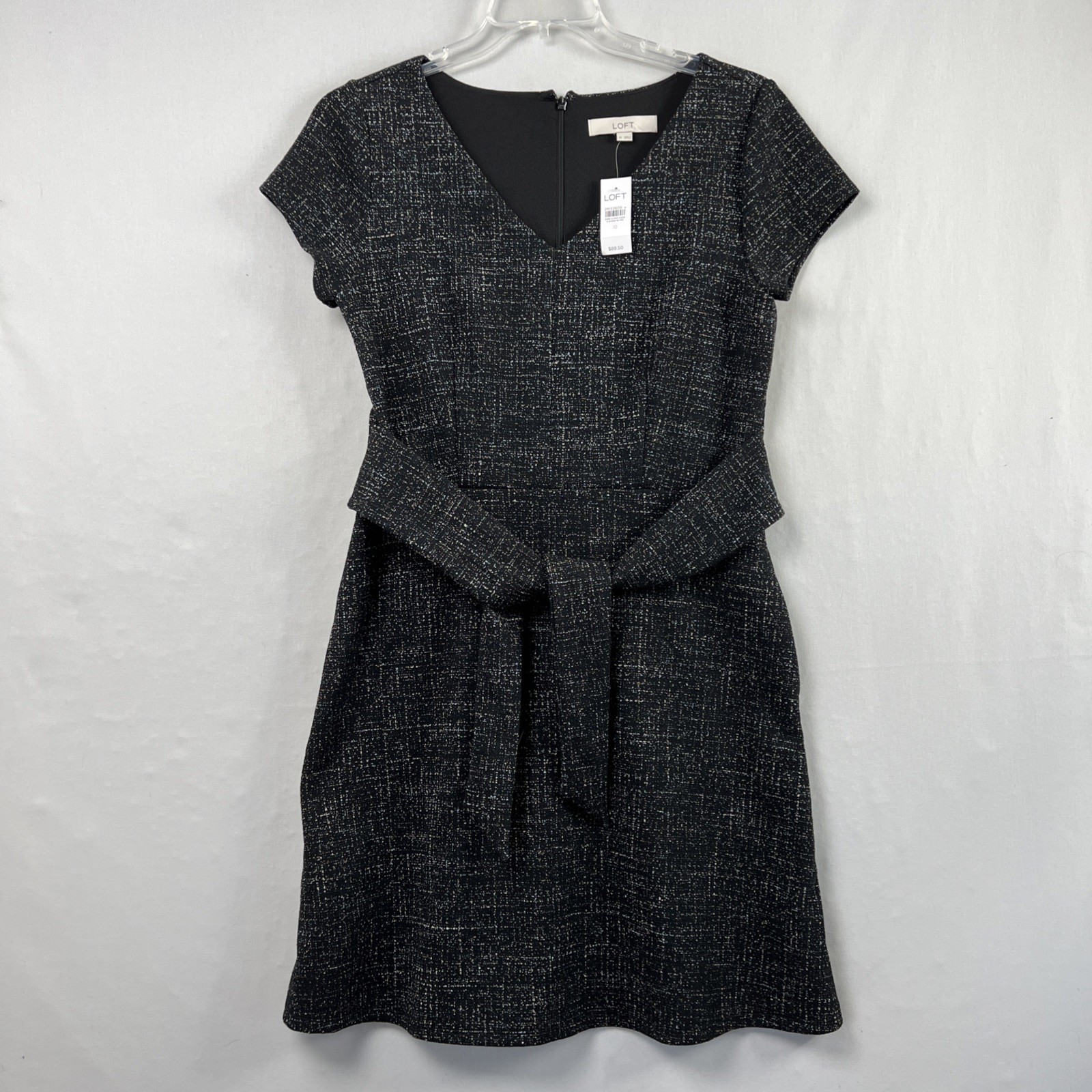 LOFT Dress 10 Tweed V-Neck Short Sleeve Career Sheath A Line Black Career