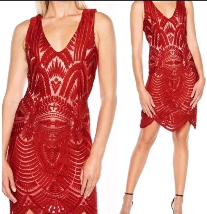 Bardot Alice Embroidered Lace Short Sheath Dress Sleeveless Red 10 Bodycon