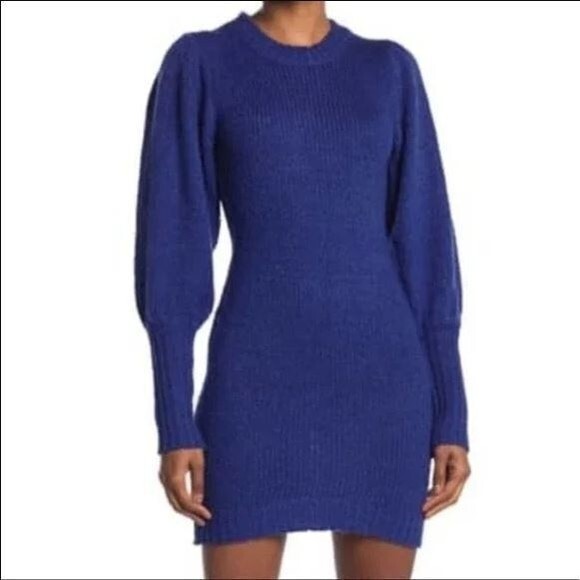 One One Six Women’s Blue Knit Sweater Dress Balloon Sleeve Cuffs Size M