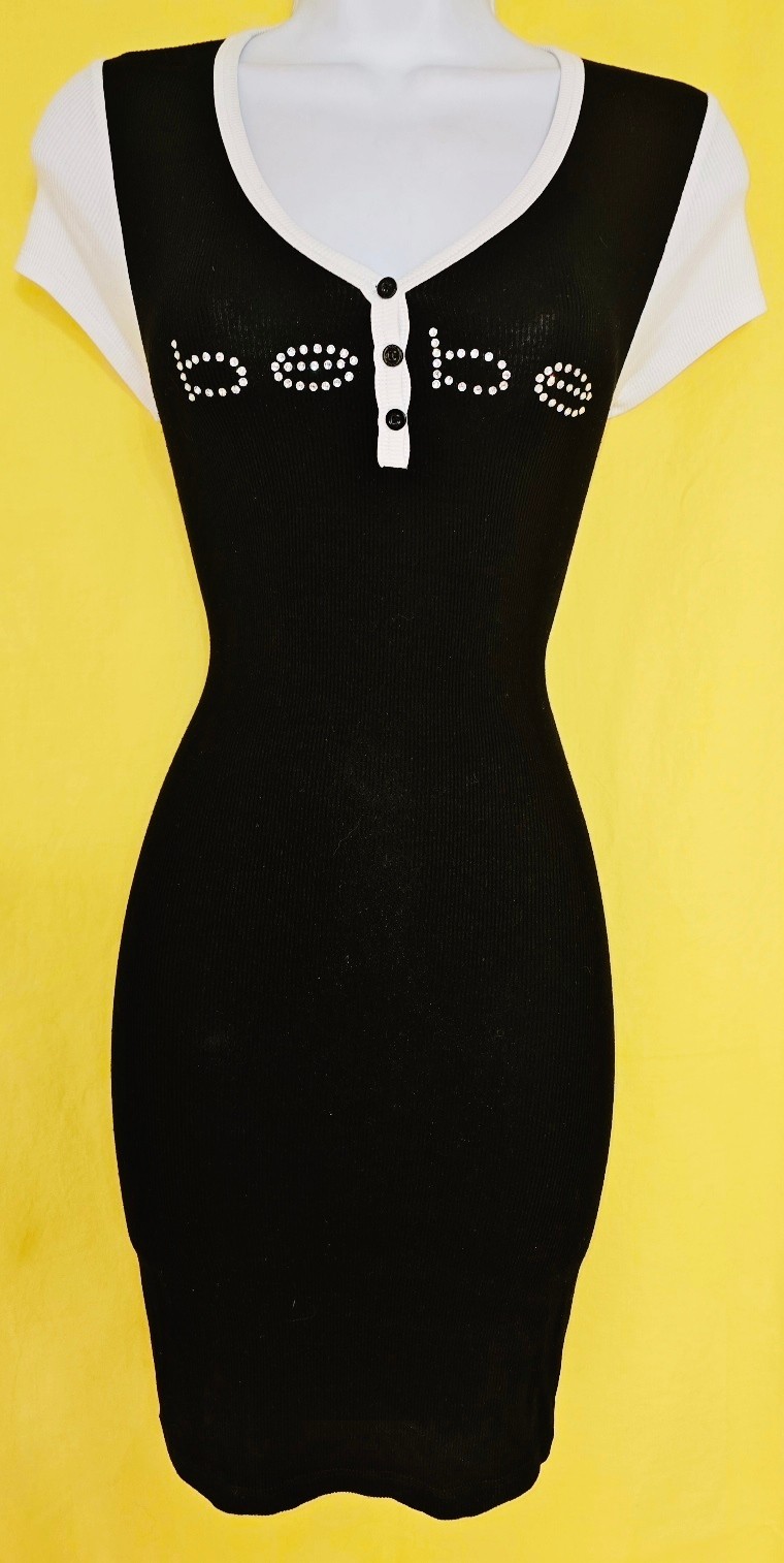 “RARE” BEBE SWAROVSKI CRYSTAL RHINESTONE LOGO BUTTON FRONT DRESS STRETCHY S NWOT