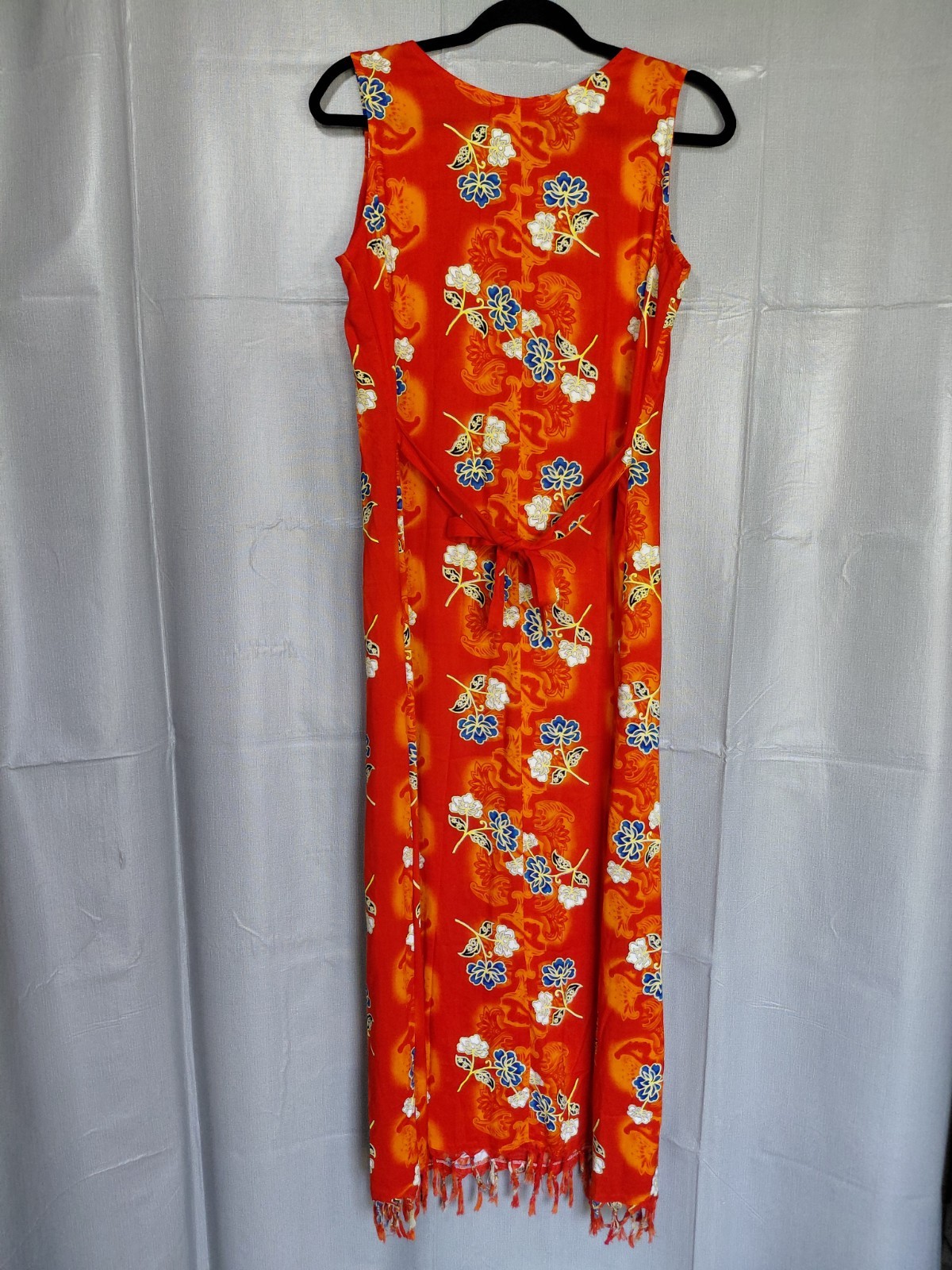 Vtg Coco Walk Tropical Fringe Hem Midi to Maxi Dress SM Red Sleeveless