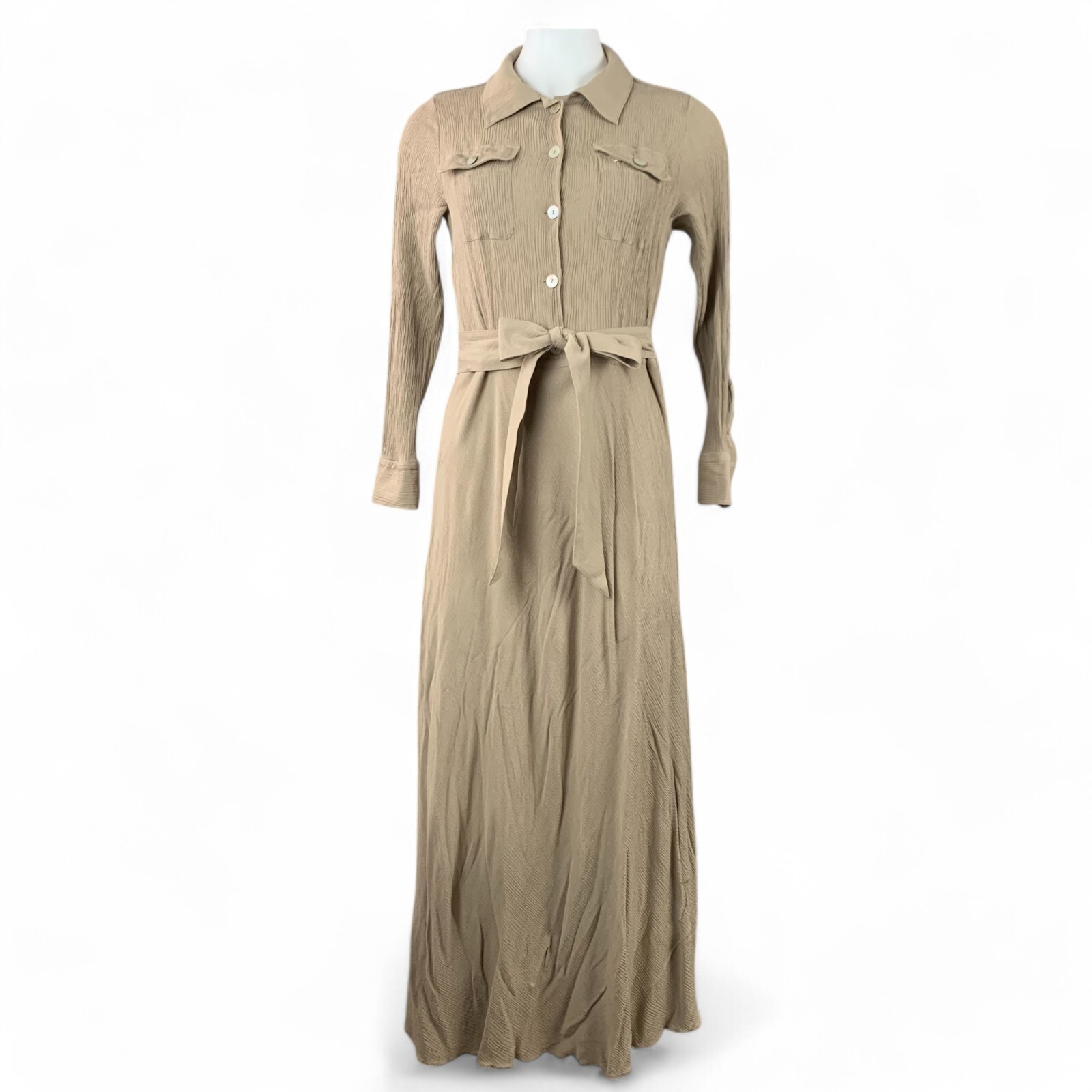 Soft Surroundings Dress Long Collar Tan Safari Savanna Crepe Tie Brown Medium