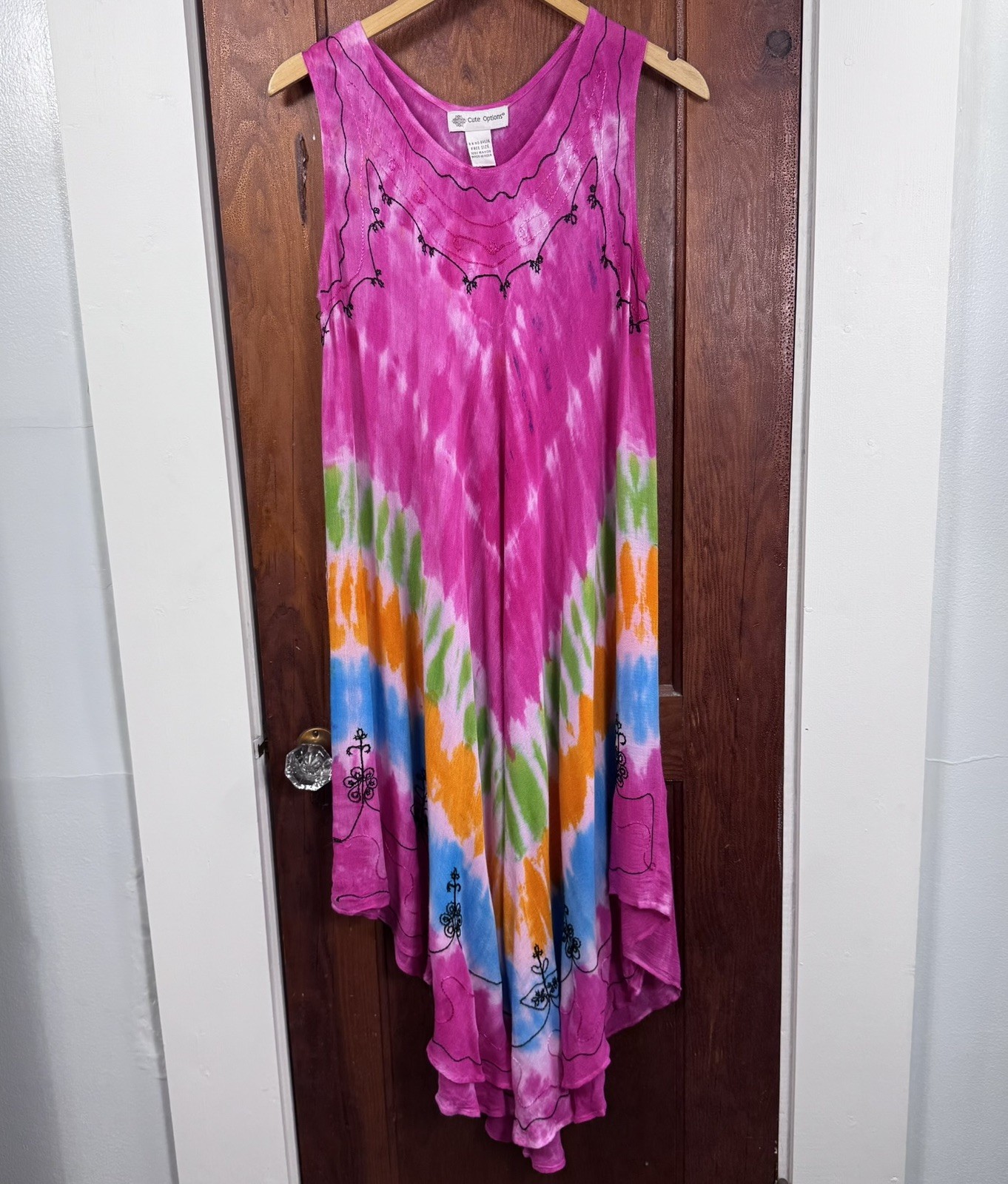 Cute Options Bohemian Sundress Free Size Pink Multi Tie Dye Embroidered #0284