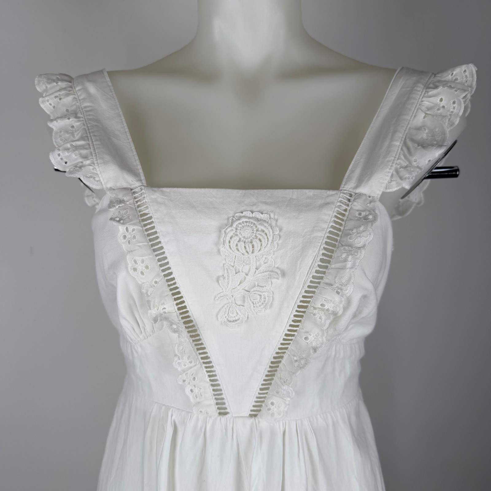 Vintage White Cotton Eyelet Lace Maxi Dress Embroidery V-Back Summer Boho XS