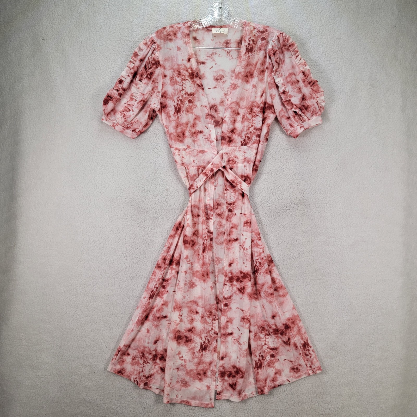 Ember Women Dress Size S Pink Mesh Tie Dye Ruffled Puff Sleeve Flowy Modern Wrap