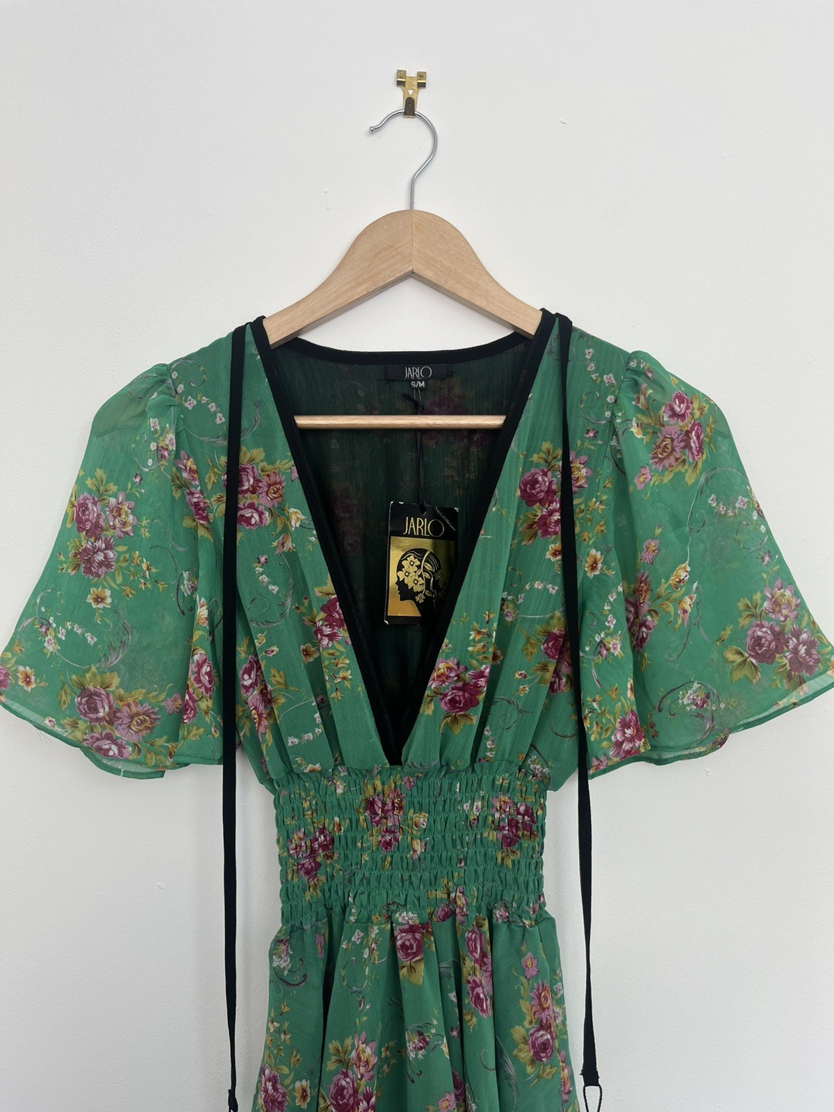 Jarlo Green Floral Elasticated Mini Dress Summer Tassels Ruffles New S/M