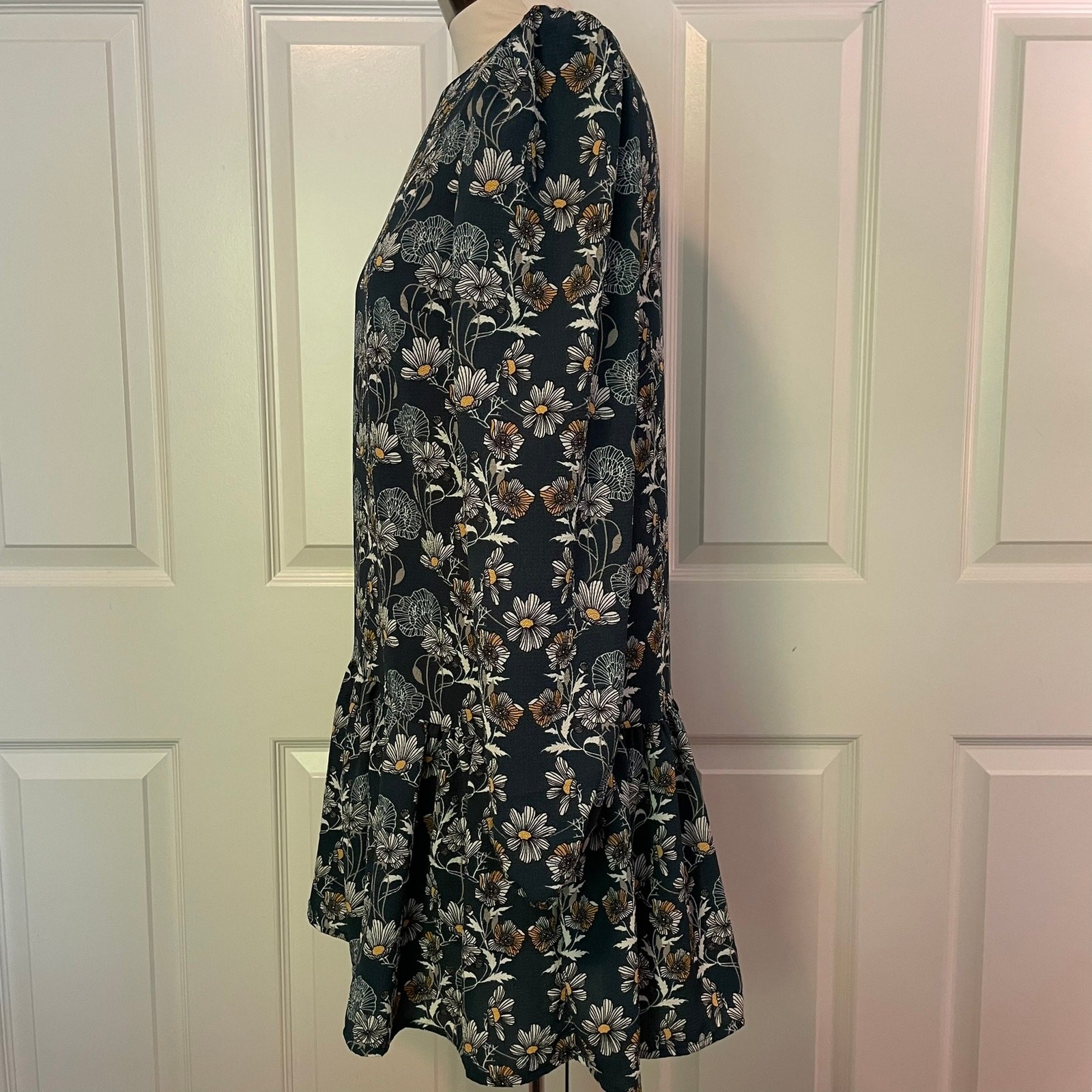 Nordstrom Caslon Teal Green Floral Print Drop Waist Dress Womens XS