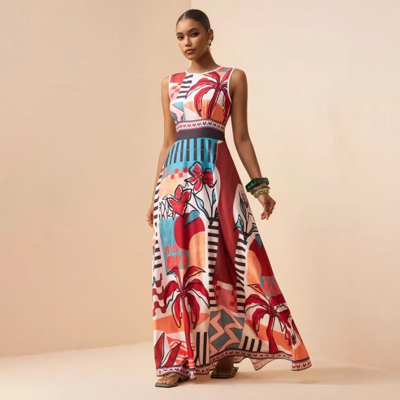 Bohemian Tropical Rainforest Print Dress, High Waist, Flared, Multiple Sizes