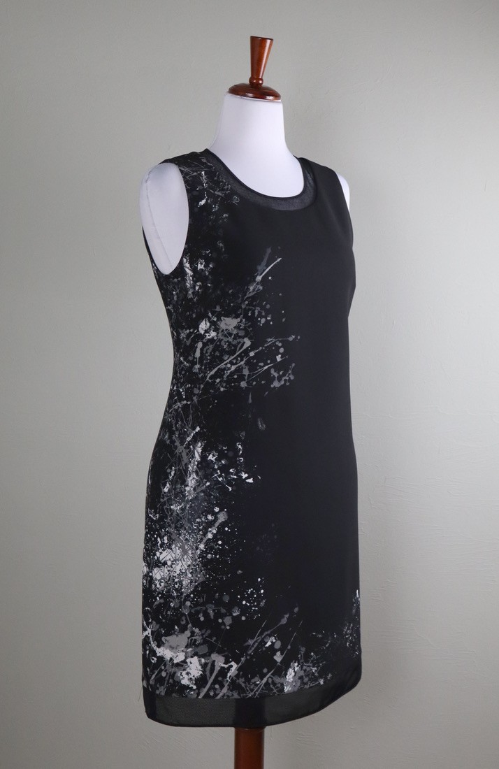 ELIE TAHARI $278 Mesh Trim Abstract Print Lined Sleeveless Shift Dress Size 8