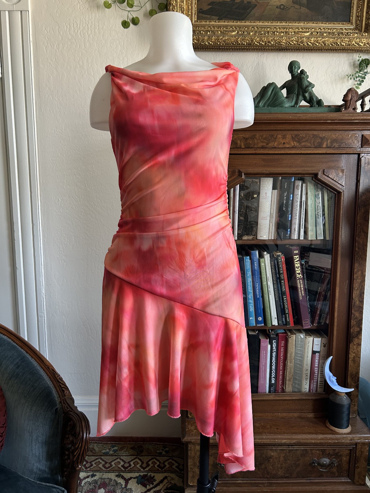 vtg Y2K Mesh Fairy Asymmetrical Pink & Orange midi Stretchy Casual Party Dress S