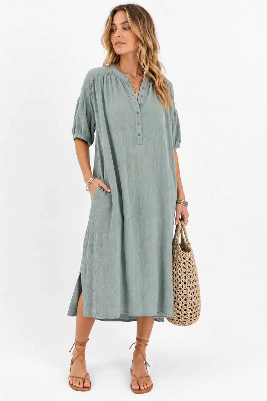 APIECE APART Sage Sea Green Double Gauze Cotton Henley Tunic Midi Dress S M L XL