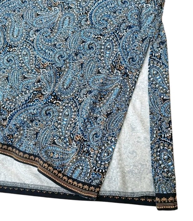 J Jill Border Print Maxi Dress XL Blue Paisley A-Line Side Slits Boho Coastal