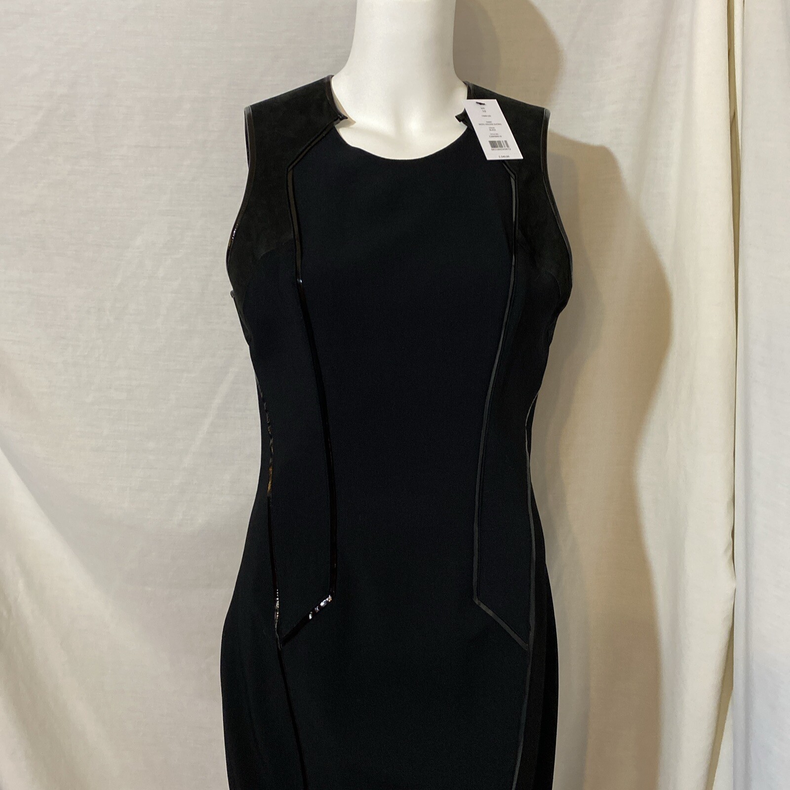 Helmut Lang Black Leather Panel Sleeveless Asymmetric Hem Sheath Dress Size 10