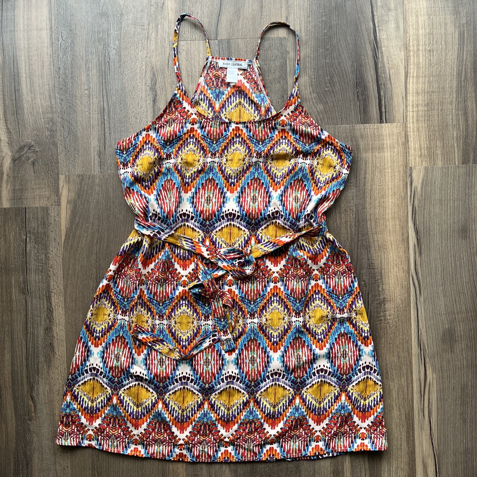 Body Central Women’s Slip Dress Racerback Sleeveless Tie Belt Graphic Print L