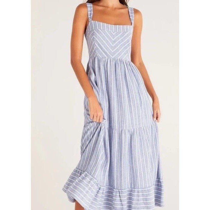 Z Supply Ayla Striped Midi Dress Women Large Blue Linen Blend Tiered Preppy Boho