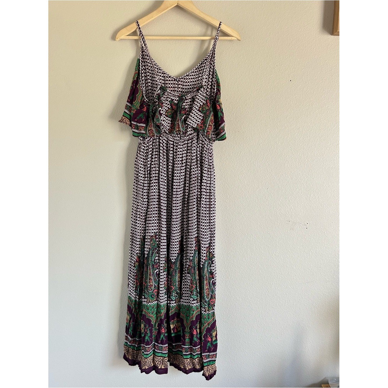 Anthropologie RAGA Boho Printed Maxi Dress Tiered Sleeveless Dress Small (E1)