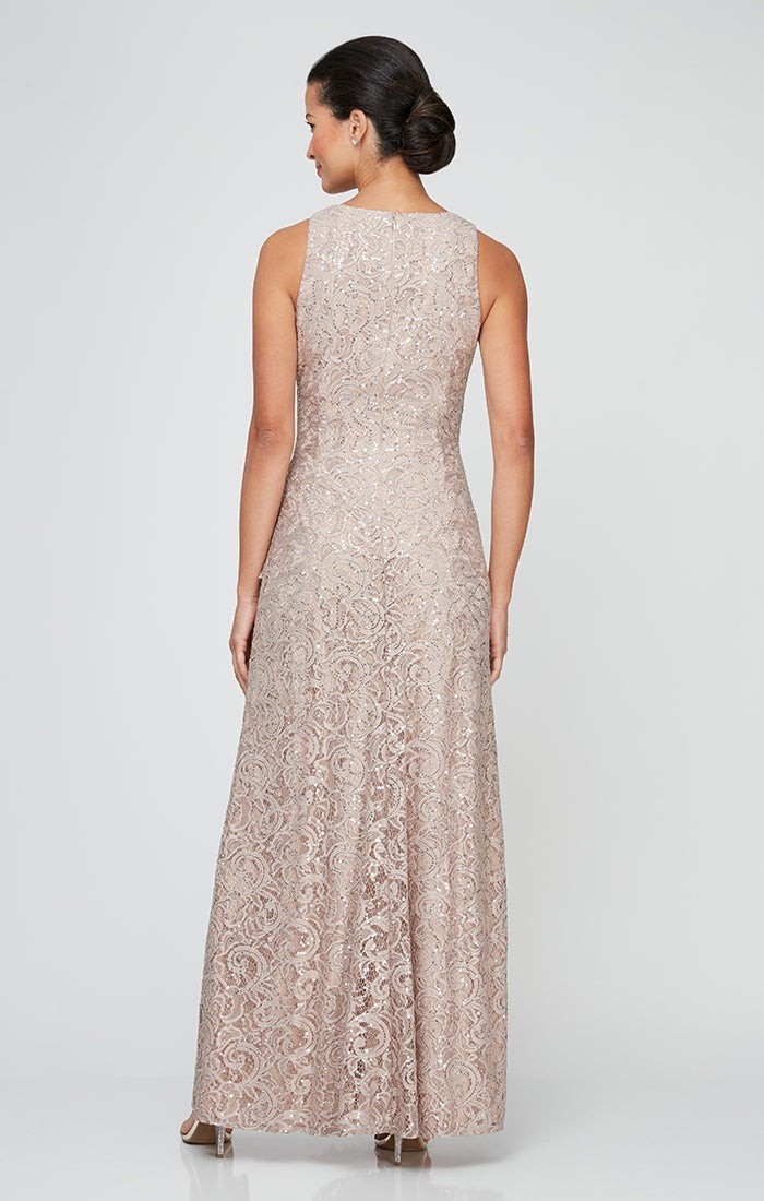 Alex Evenings Sequin Lace Cascading Ruffle Gown Buff Size 8 $219