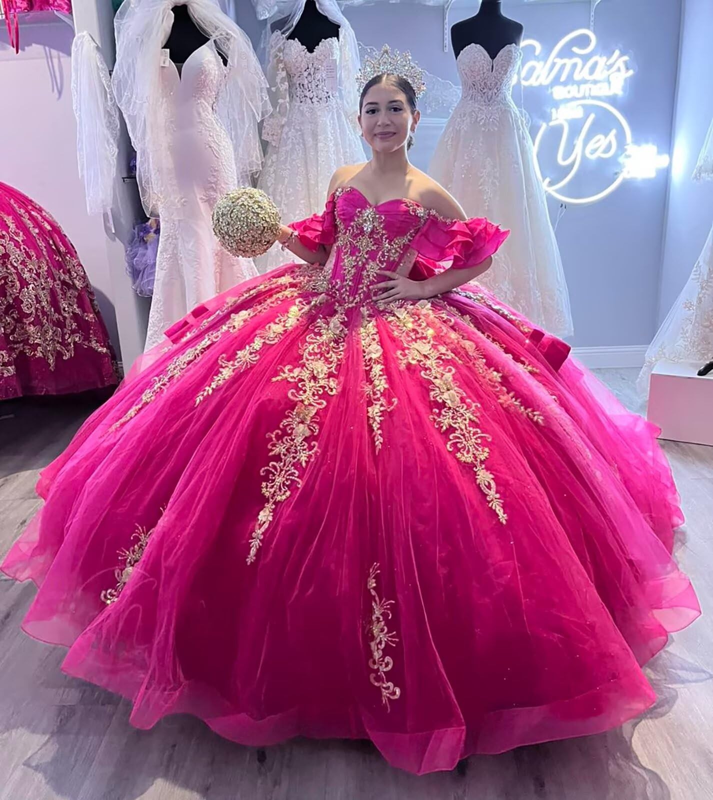 Luxury Gold Applique Quinceanera Dress with Bow Off Shoulder Ball Gown for Girl
