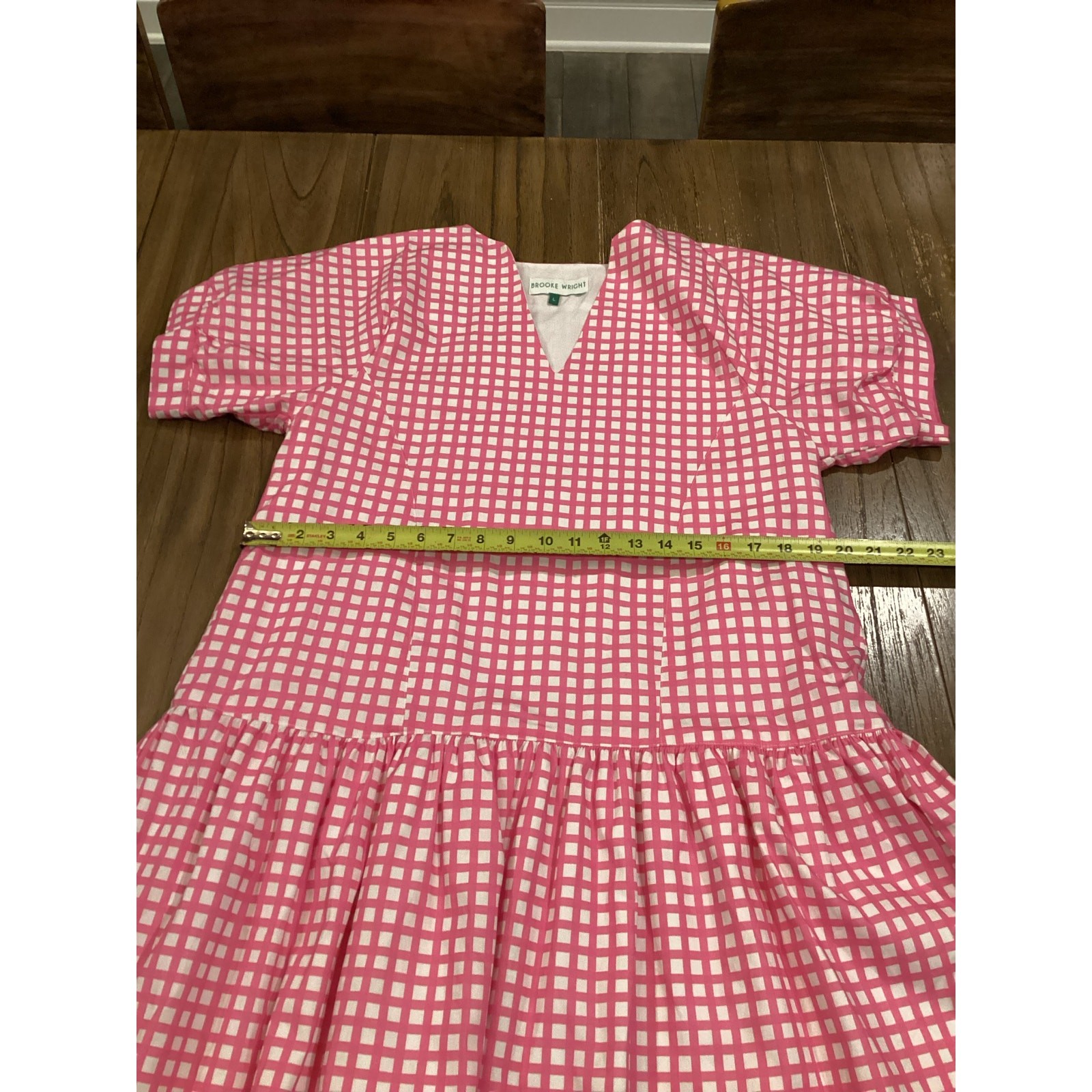 Brooke Wright lucy tiny pink check mini Dress Short Sleeve cotton linen ruffle L