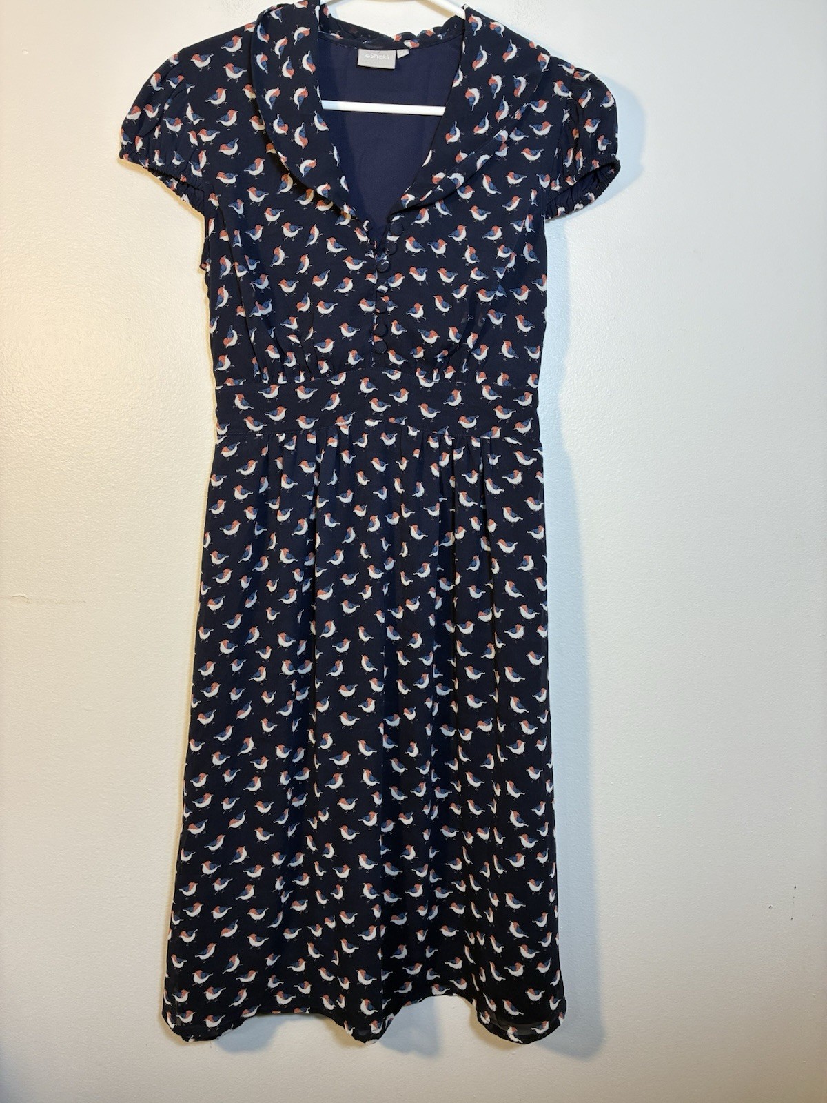eshakti Novelty Print Midi Dress Womens Sz Small Navy Blue Bird Print Babydoll