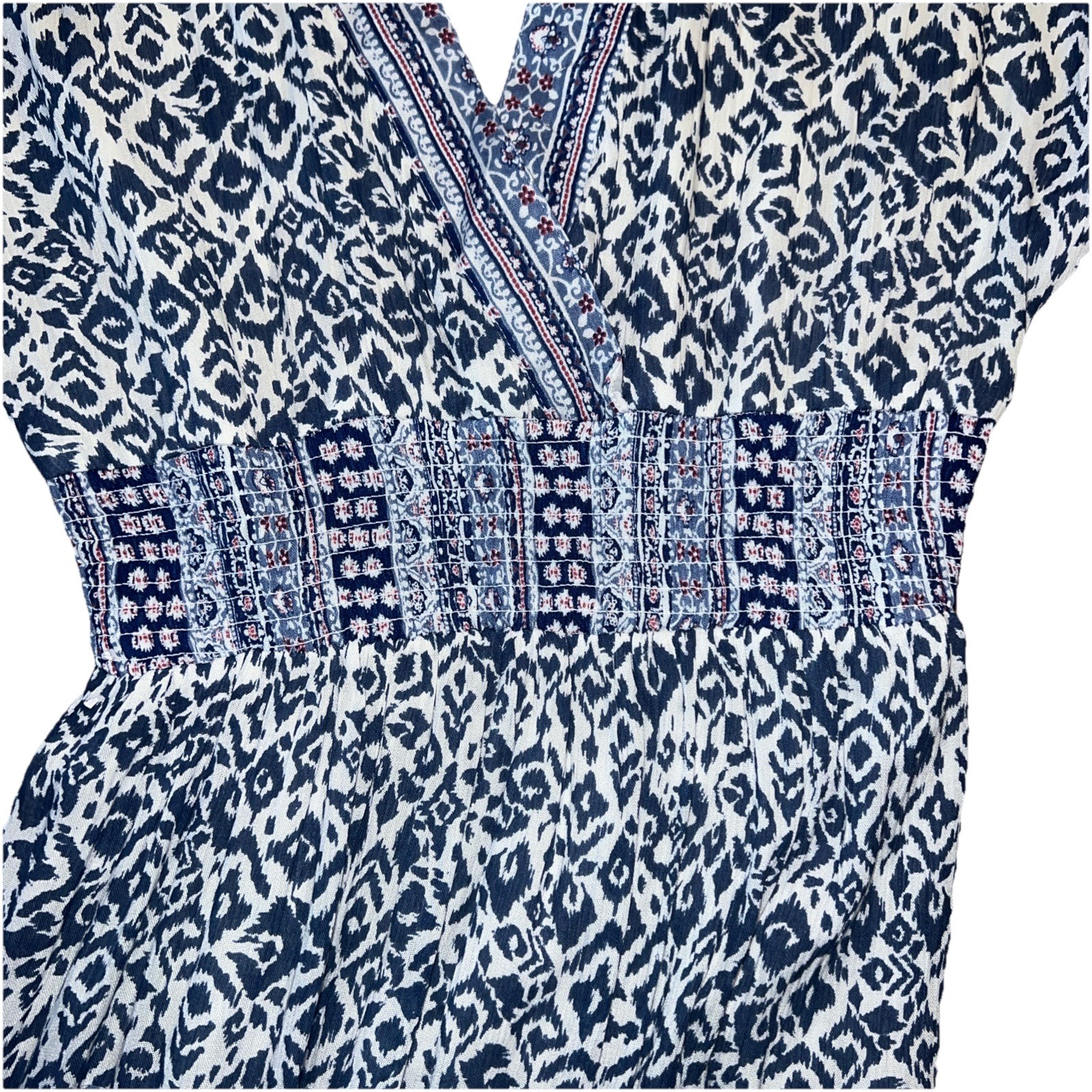 J Gee Navy Blue/White Boho Multi Teared Flutter Short Sleeve Gauzy Peasant Dress