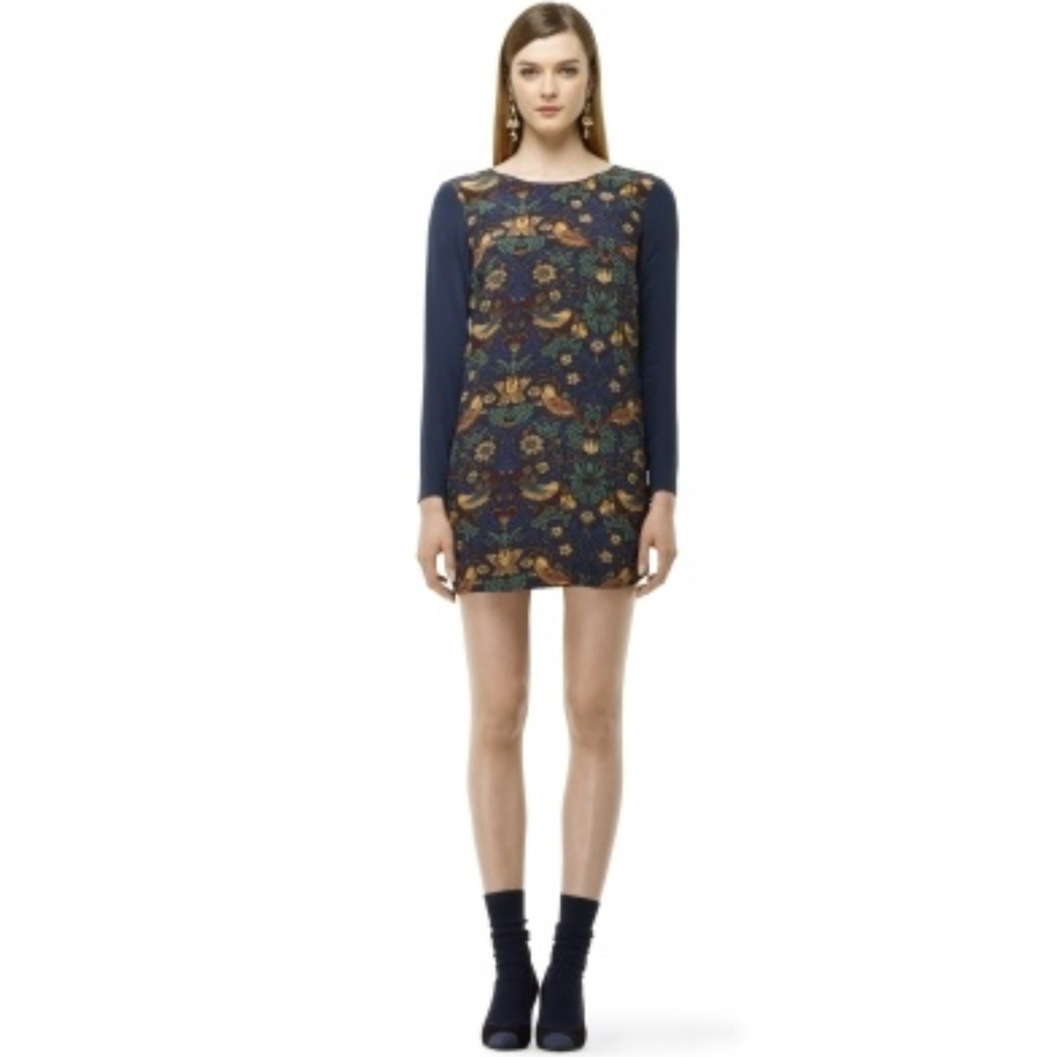 Club Monaco Silk Long Sleeve Bird & Floral Print Mini Dress Size 0 Wearable Art