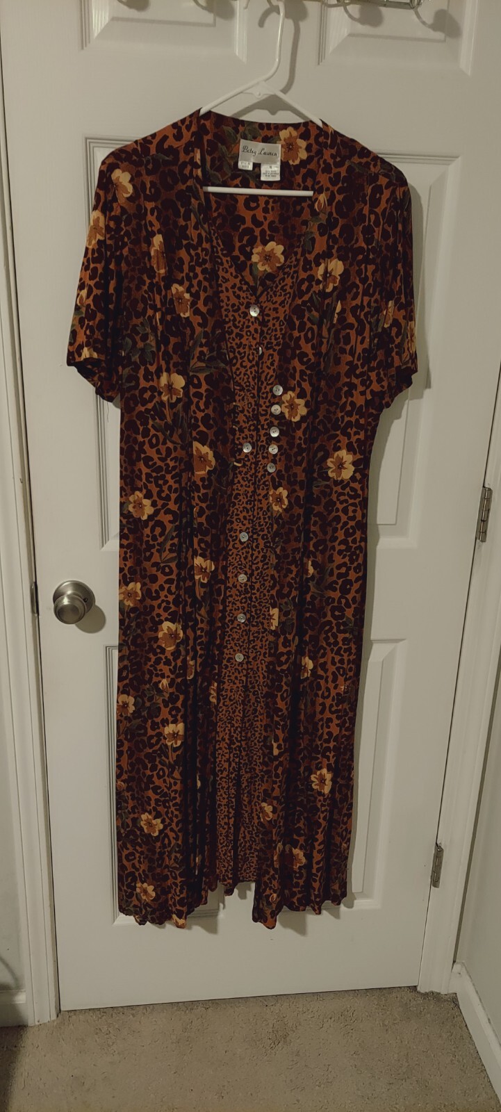 Betsy Lauren Women Brown Floral Shirt Midi Dress Unlined Short Sleeves Sz 16 Vtg