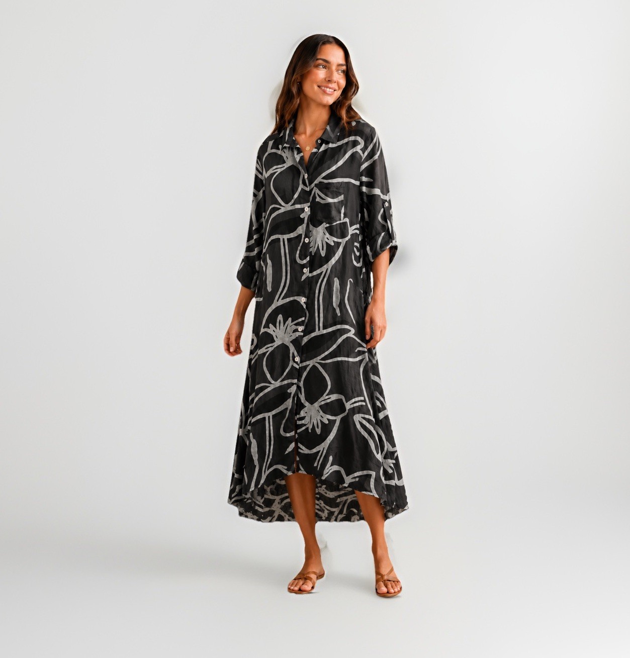 Meo Meli Abstract Floral Linen Midi Maxi Shirt Dress Womens M L Button Front