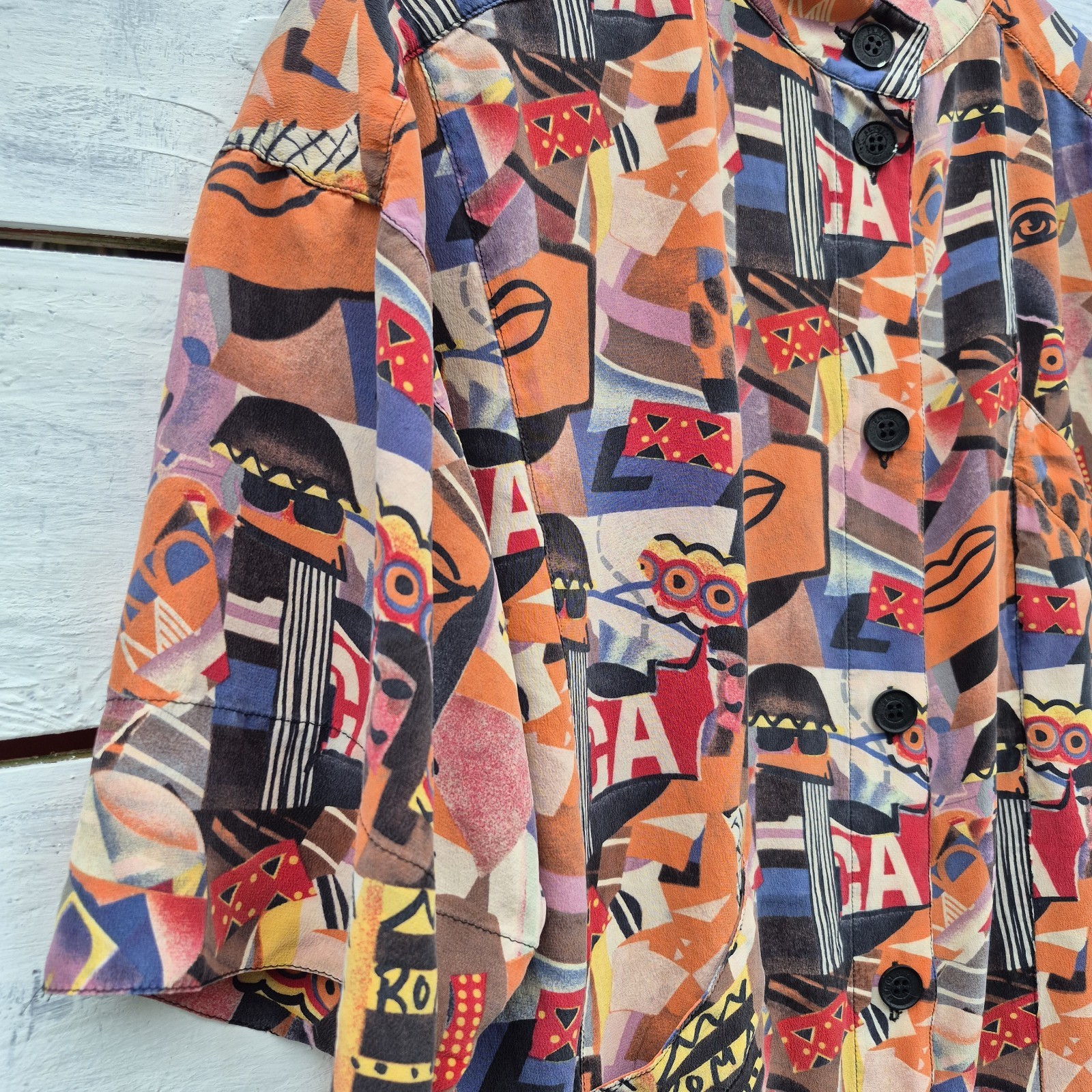 Silk Dress Abstract Face Print Button Front Colorful Graphic Fendi Logo Buttons
