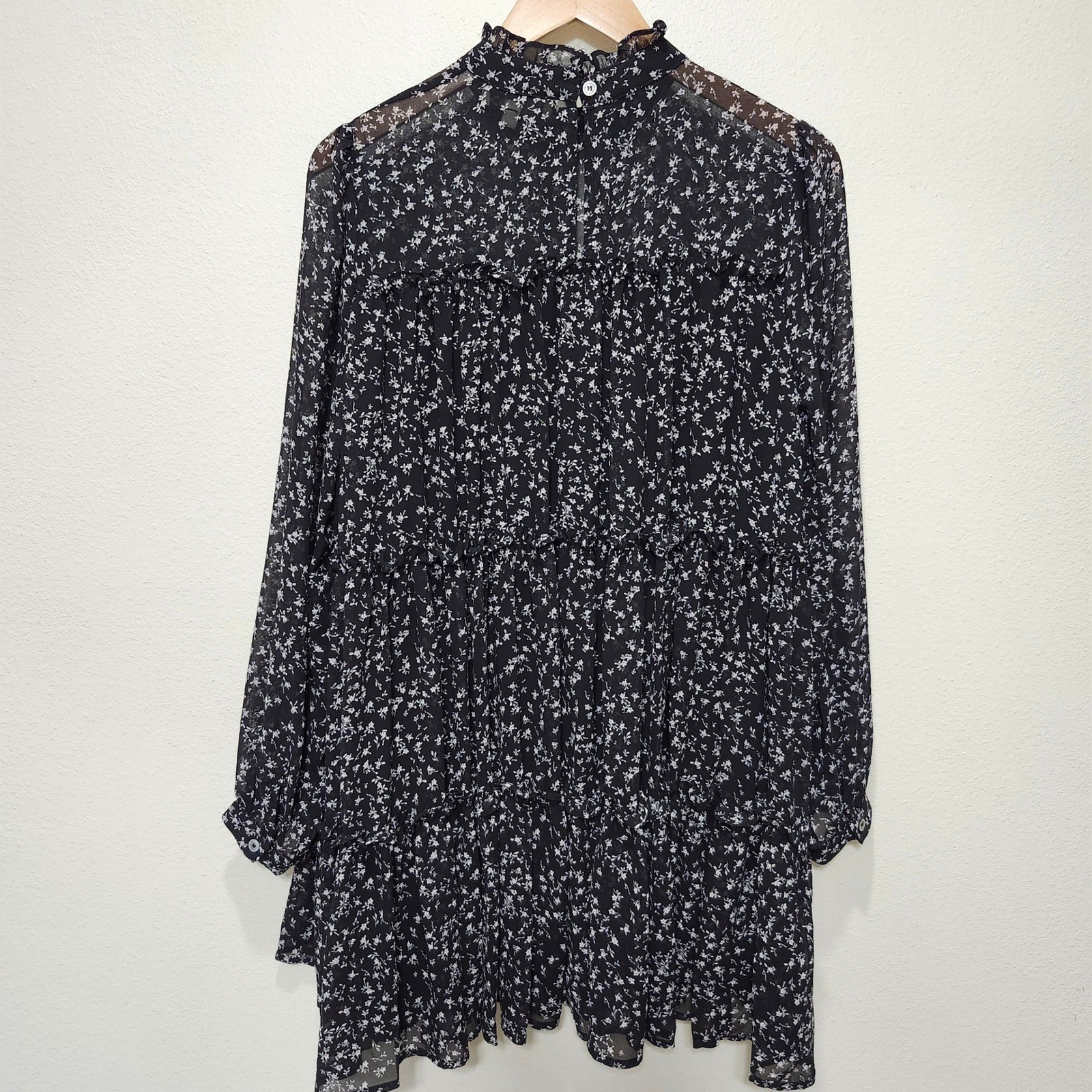 Pinch Black Tiered Floral Print Long Sleeve Ruffle Lined Dress Size Large