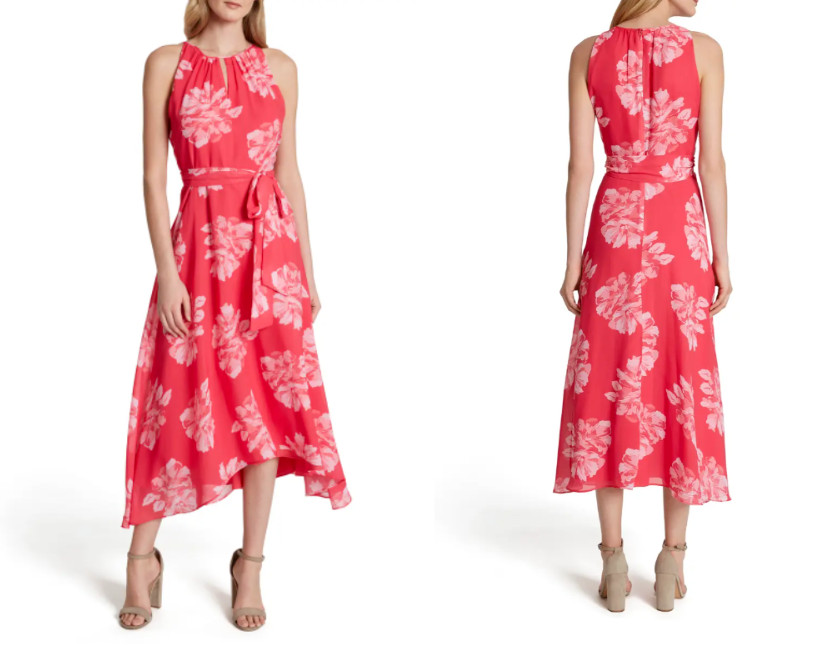 TAHARI ASL Hot Pink Peony Floral Chiffon Airy Belted Keyhole Midi Maxi Dress 6 S