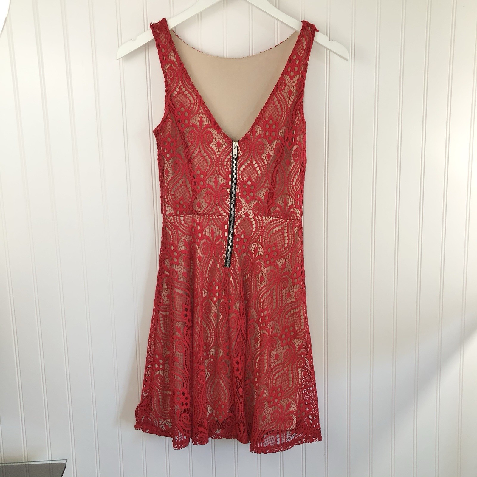 Speechless Red Lace Fit & Flare Lined Zip Round Neck Short Dress XS