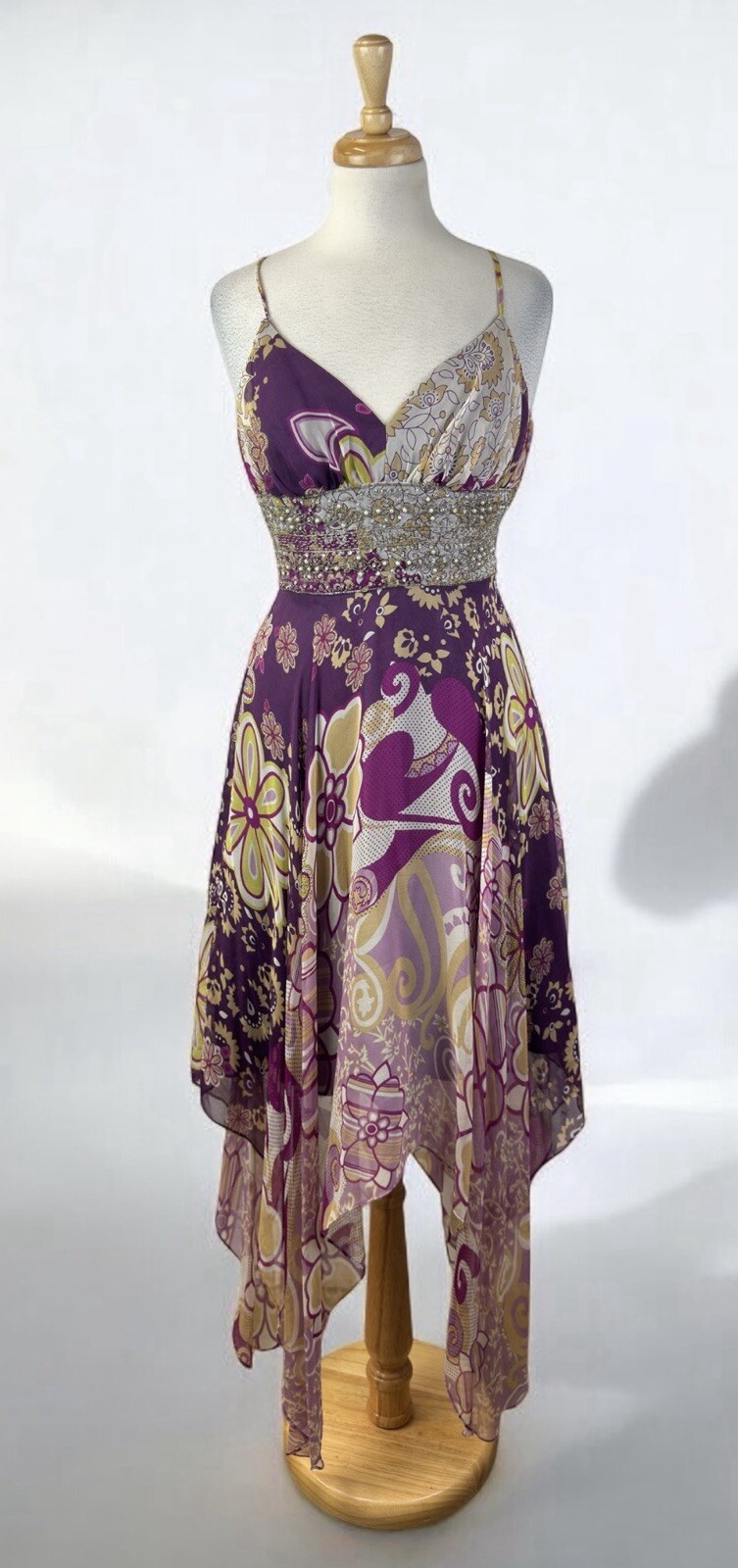 Y2K Purple Flower Silk Asymmetric Gown Dress Beaded Sequins Fairy Formal READ 4