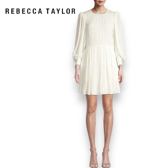 REBECCA TAYLOR Snow White Long Puff Sleeve Sheer Opaque Shadow Stripe Dress 2 XS