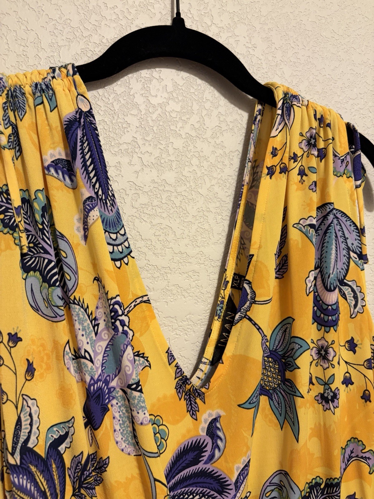 IMAN Yellow Floral V-Neck Tie-Shoulder Maxi Dress (Size XL Petite)