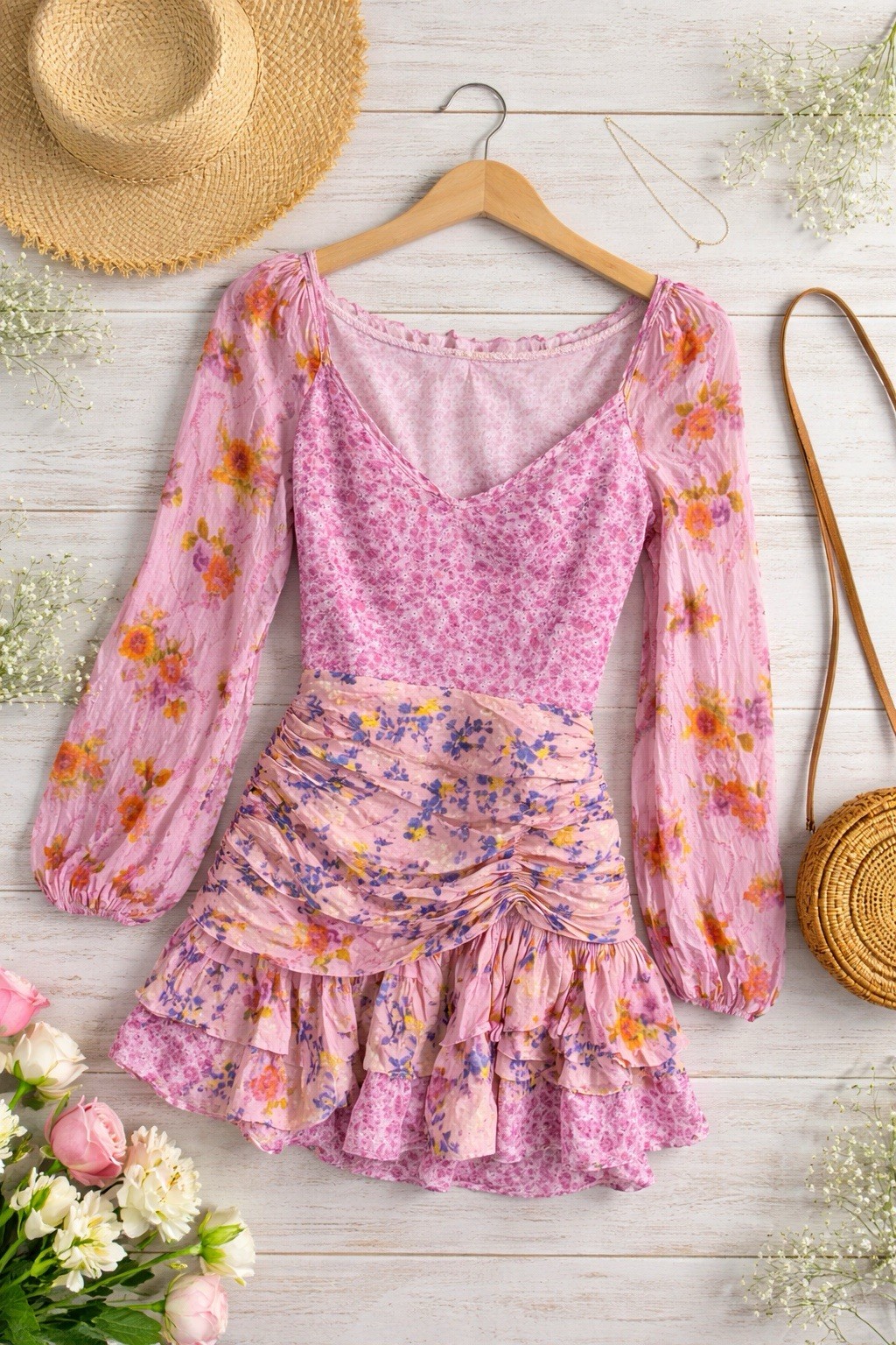 For Love Bell Womens Pink Floral V-Neck Long Sleeve Ruffled Tiered Mini Dress S