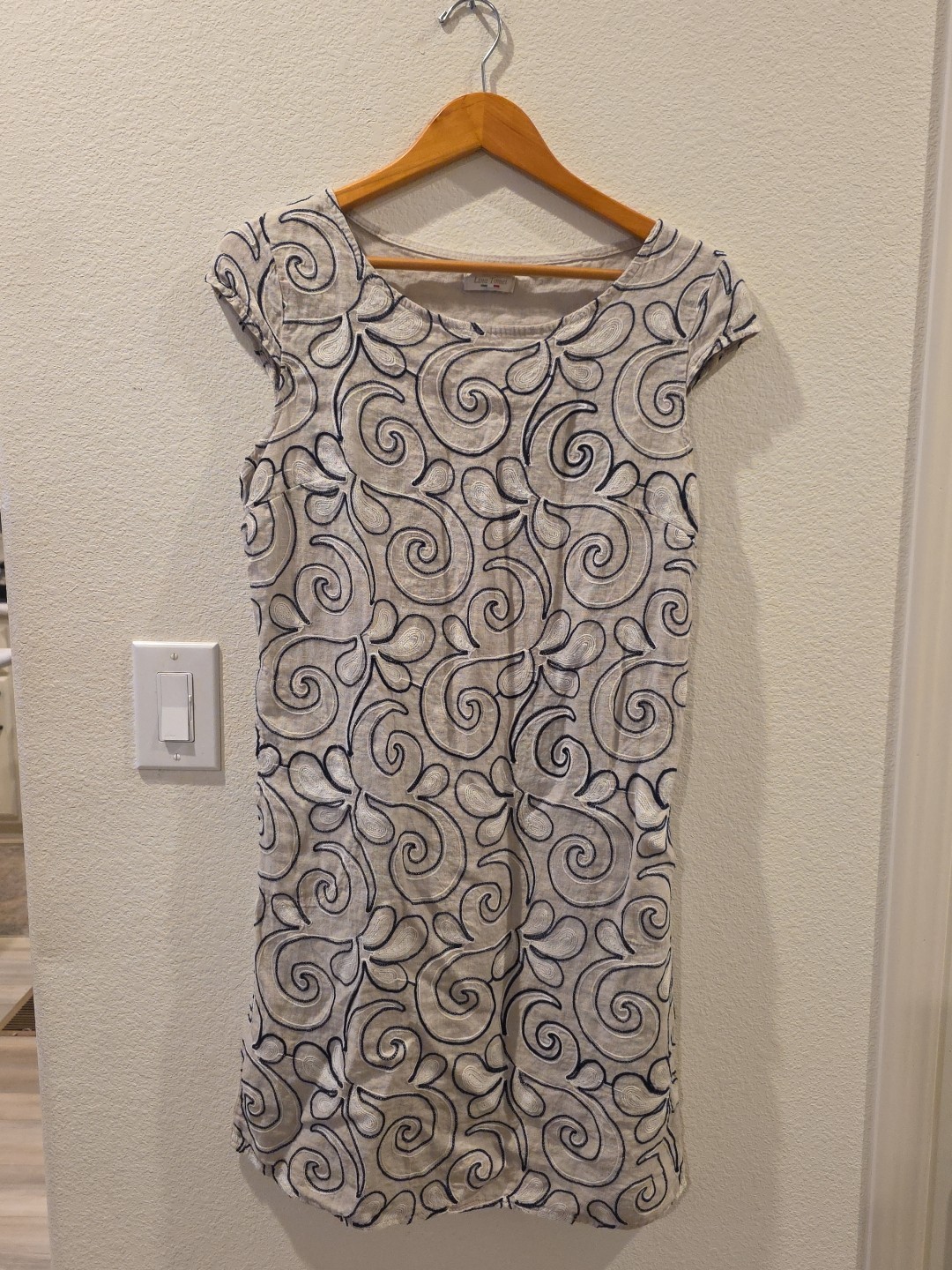 Lina Tomei Tan Navy Embroidered 100%Linen Dress Euro Summer Stretch Panels sz M