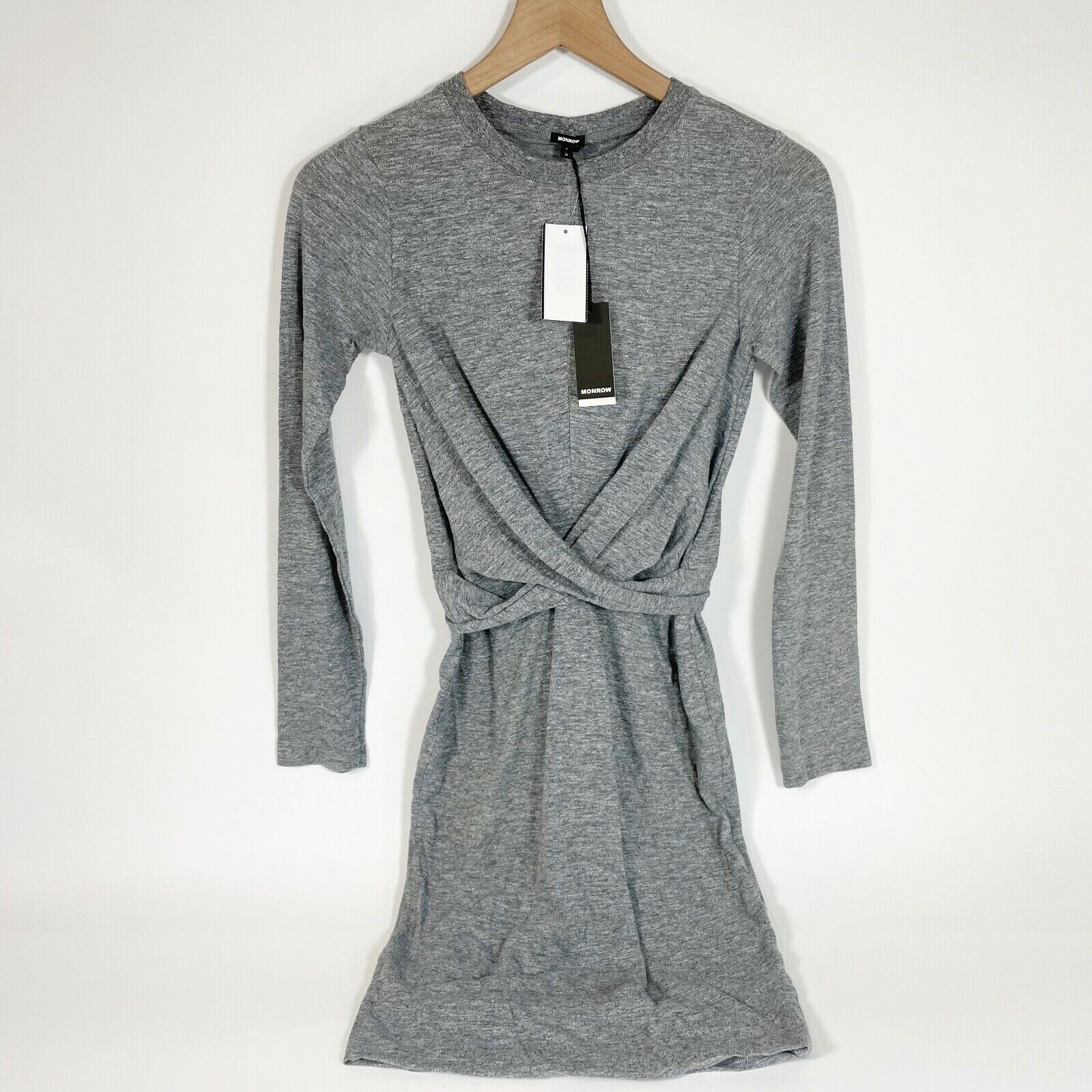 Monrow Twist Front Sheath T-Shirt Dress Womens S Gray Long Sleeve Knit NEW