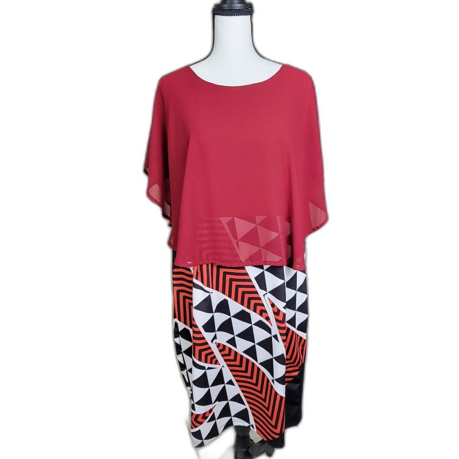 Women’s L Red Chiffon Cape Top Geometric Print Stretch Bodycon Sheath Dress