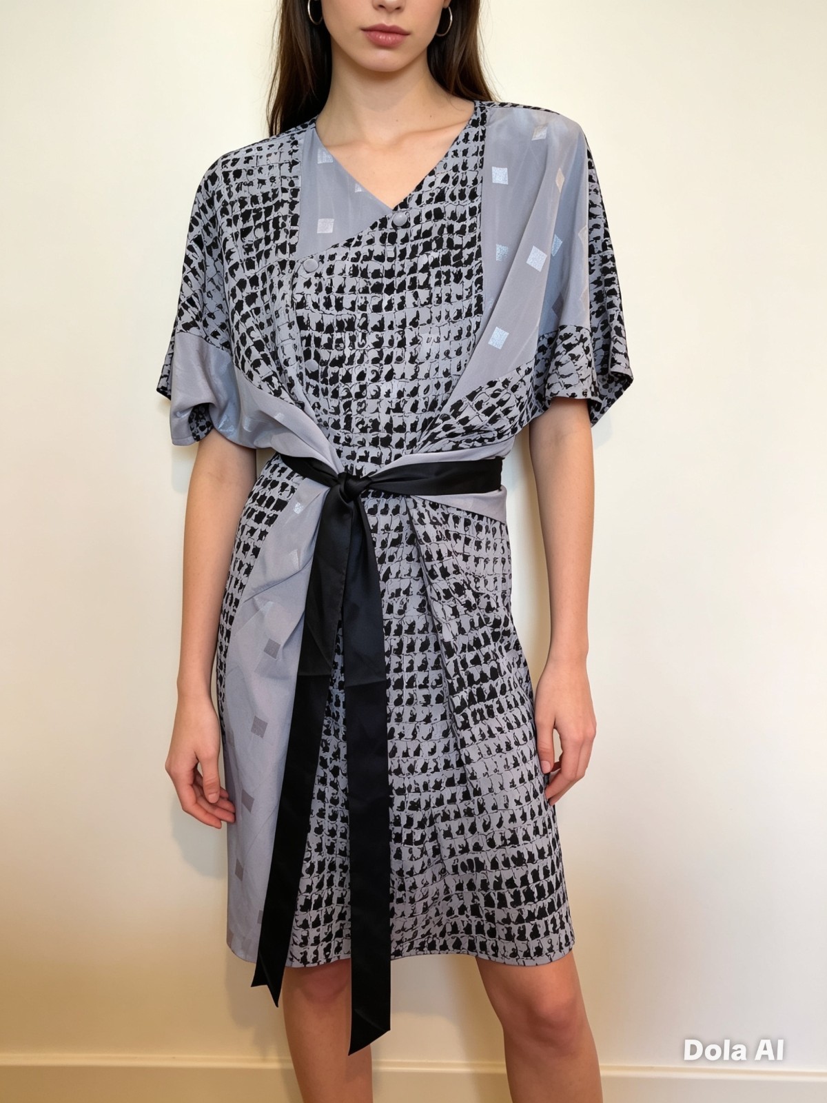 Vintage 80s Mark Shaw Dress AU10 EU36 Grey Black Batwing Shoulder Pads Retro Y2K