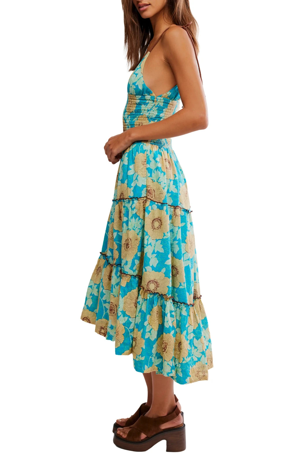 NEW, FREE PEOPLE Adriel Tie Strap Tiered Midi Dress in Ocean Combo Sz L #MD1945