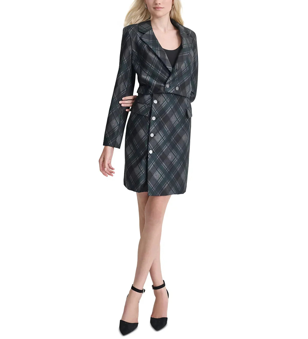 DKNY Plaid-Print Notch-Collar Blazer Dress MSRP 144