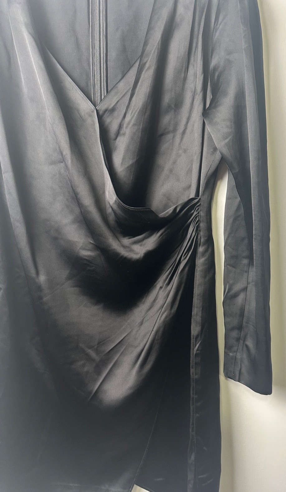 Grlfrnd L Button-front Mini Silky Dress Long Sleeve Wrap Front Black Satin B4