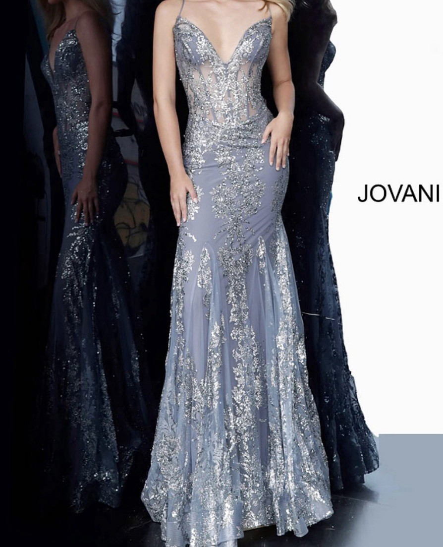 Jovani Women’s Size 4 Silver Gray Sequin Mermaid Long V-Neck Tulle