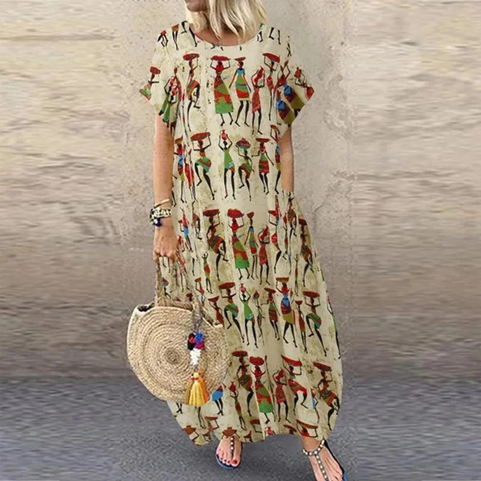 Women Linen Cotton Dresses Vintage Print Loose Kaftan Long Maxi Shirt Dress NEW
