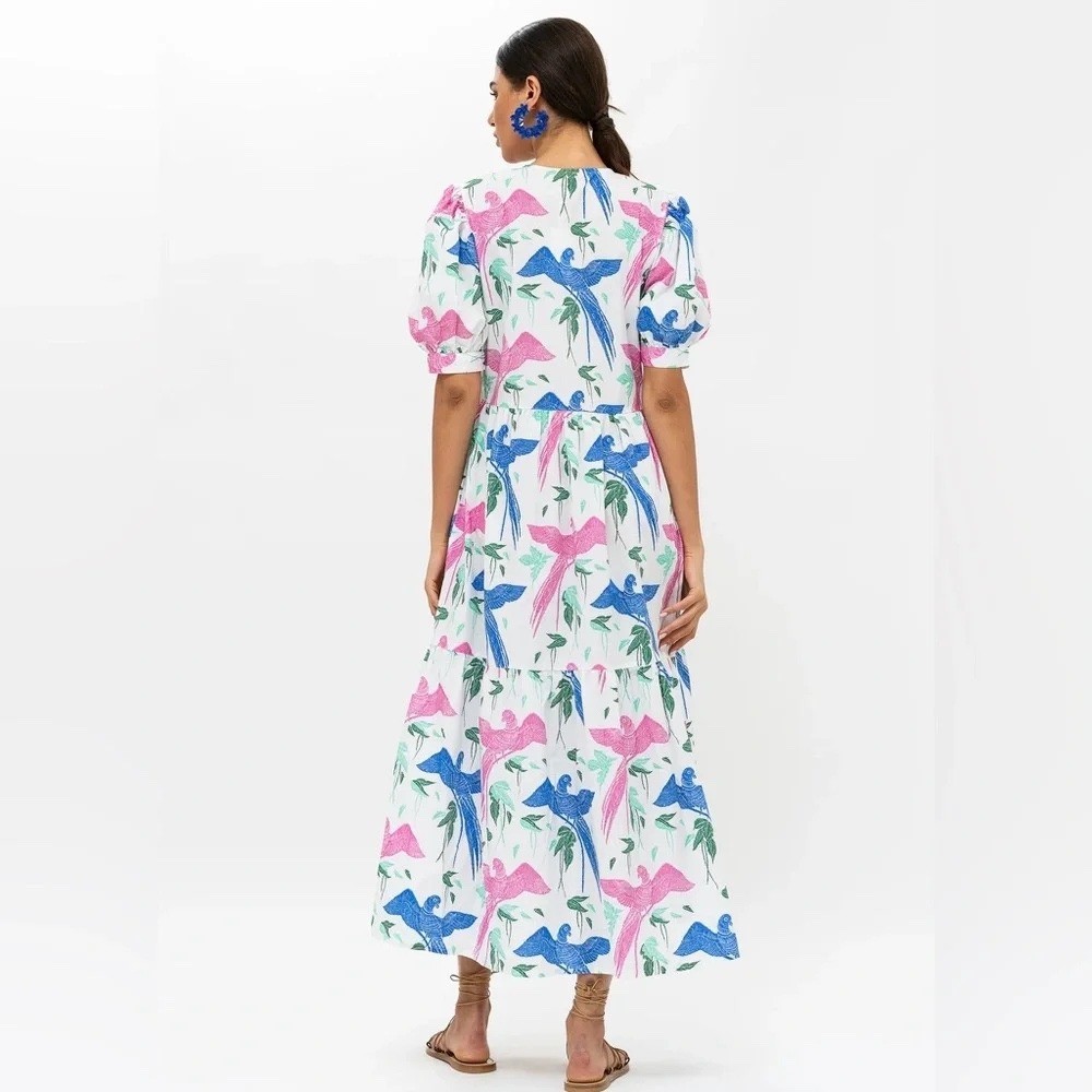 Oliphant Cotton Button Cuff Sleeve Maxi Dress Macaw Blue Pink M Vacation Summer