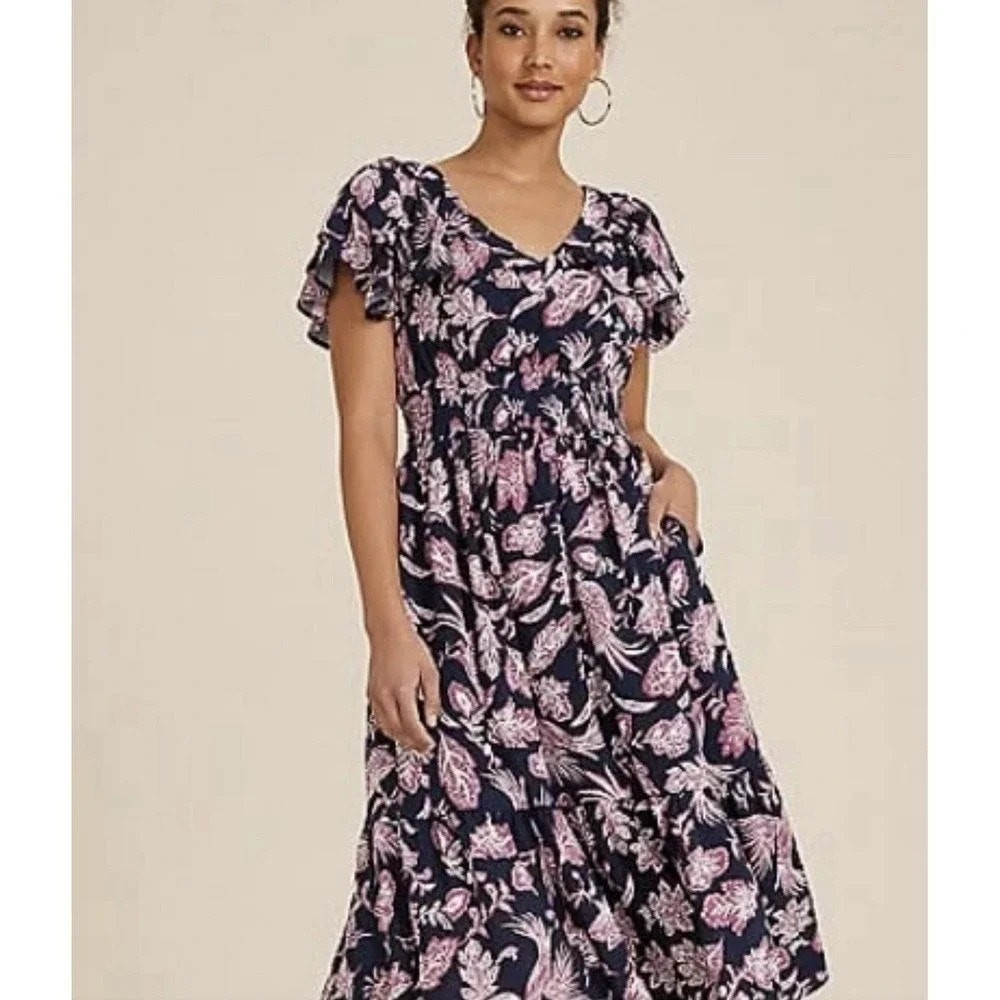 1242-Maurices Maxi Dress-Navy Ruffled Bird Boho XXL- NWt