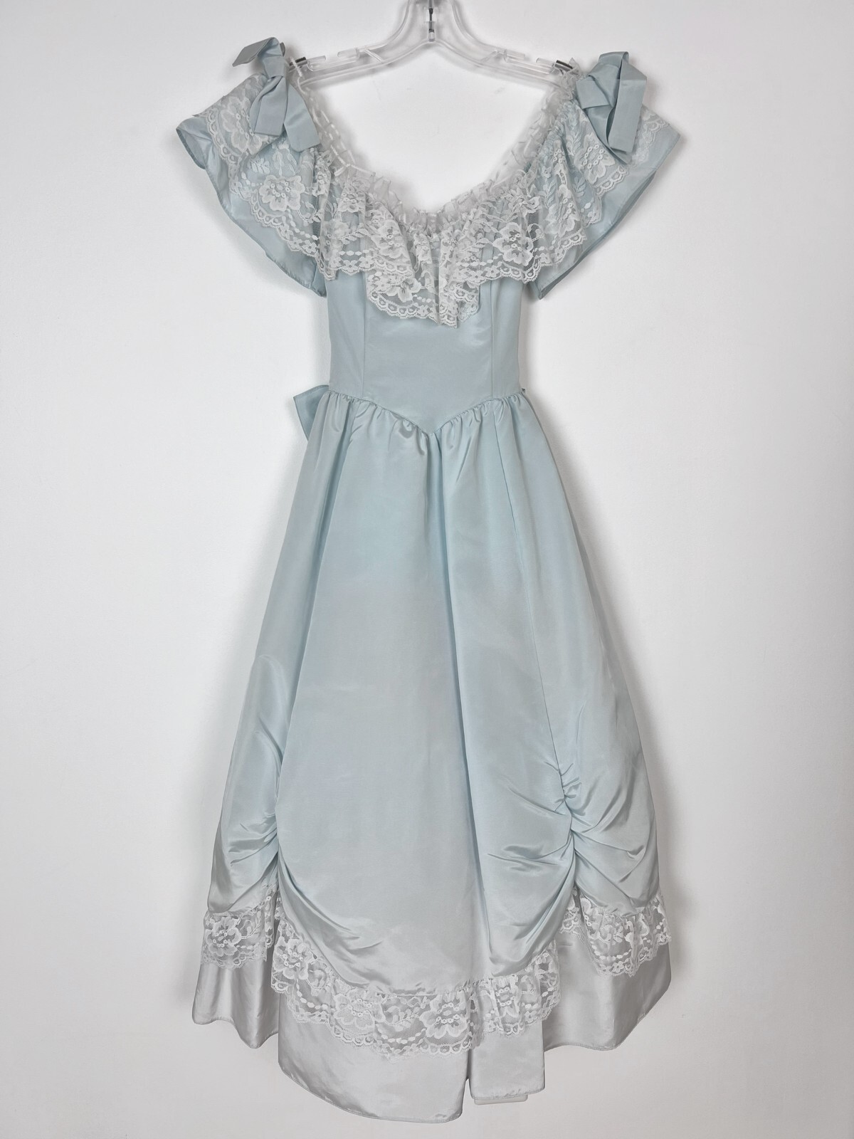VTG 80s Gunne Sax by Jessica McClintock Dress Pale Blue Lace Trim Bows Jrs Sz 5
